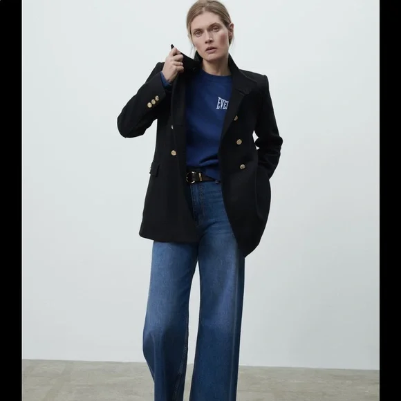 Zara gold buttons wool Italian mantengo wool black coat - Picture 4 of 11